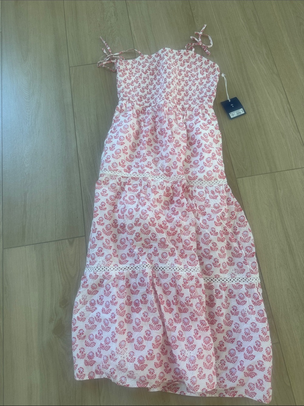 Women’s Red Floral Tiered Sundress with Tie Straps